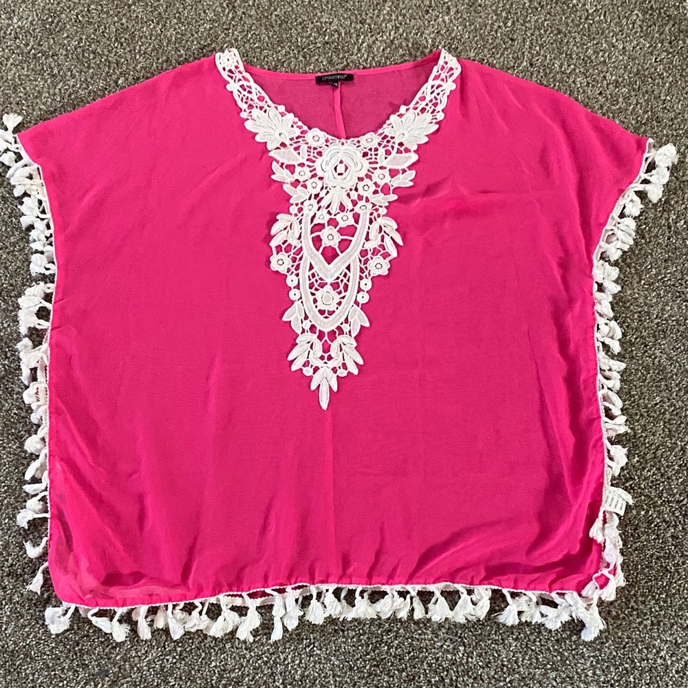 🖤 💛Bright Pink Crochet-Trim Tunic Top L - Picture 2 of 2